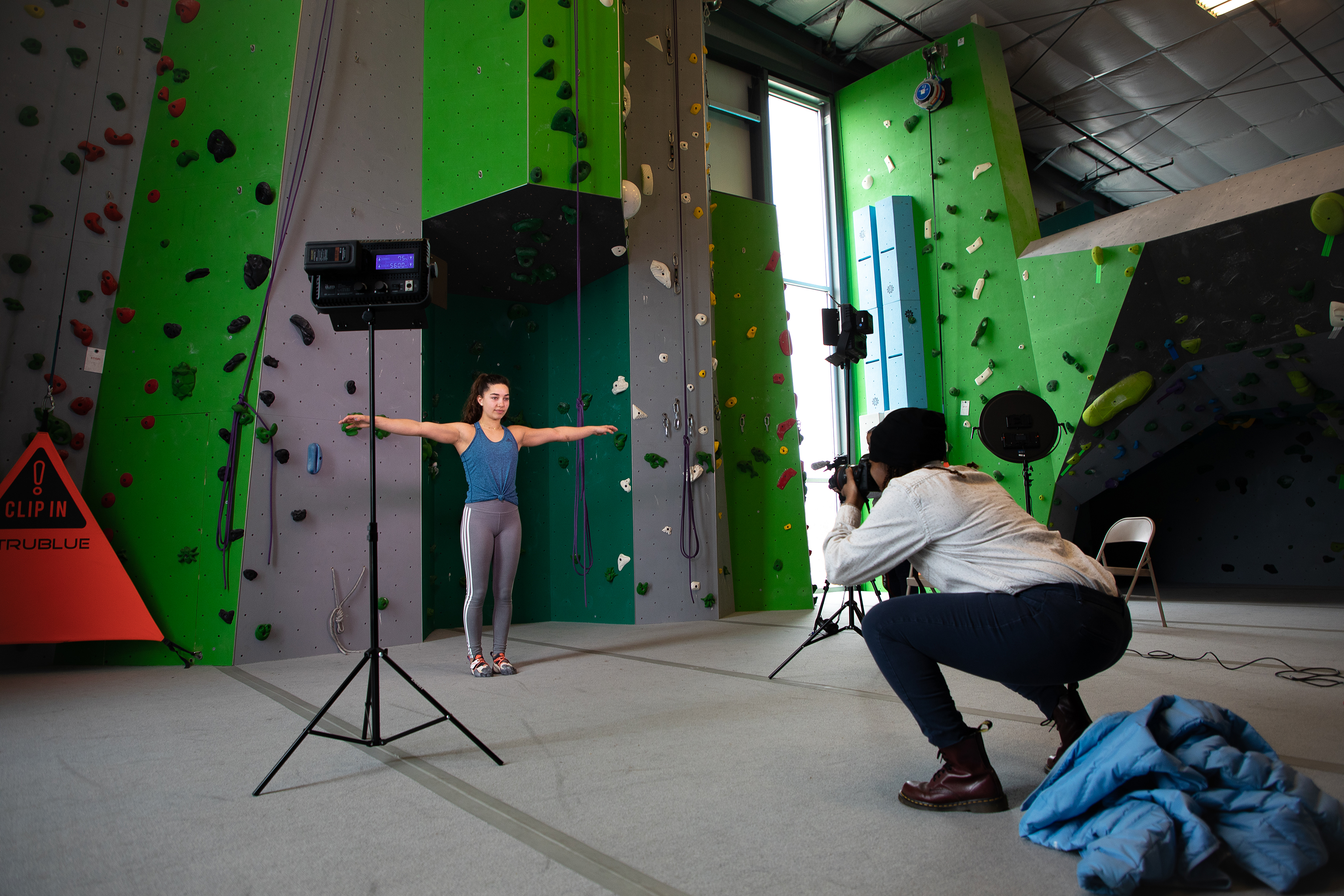 Olympic climber Brooke Raboutou with UNC Hussman student multimedia storyteller Angelina Katsanis