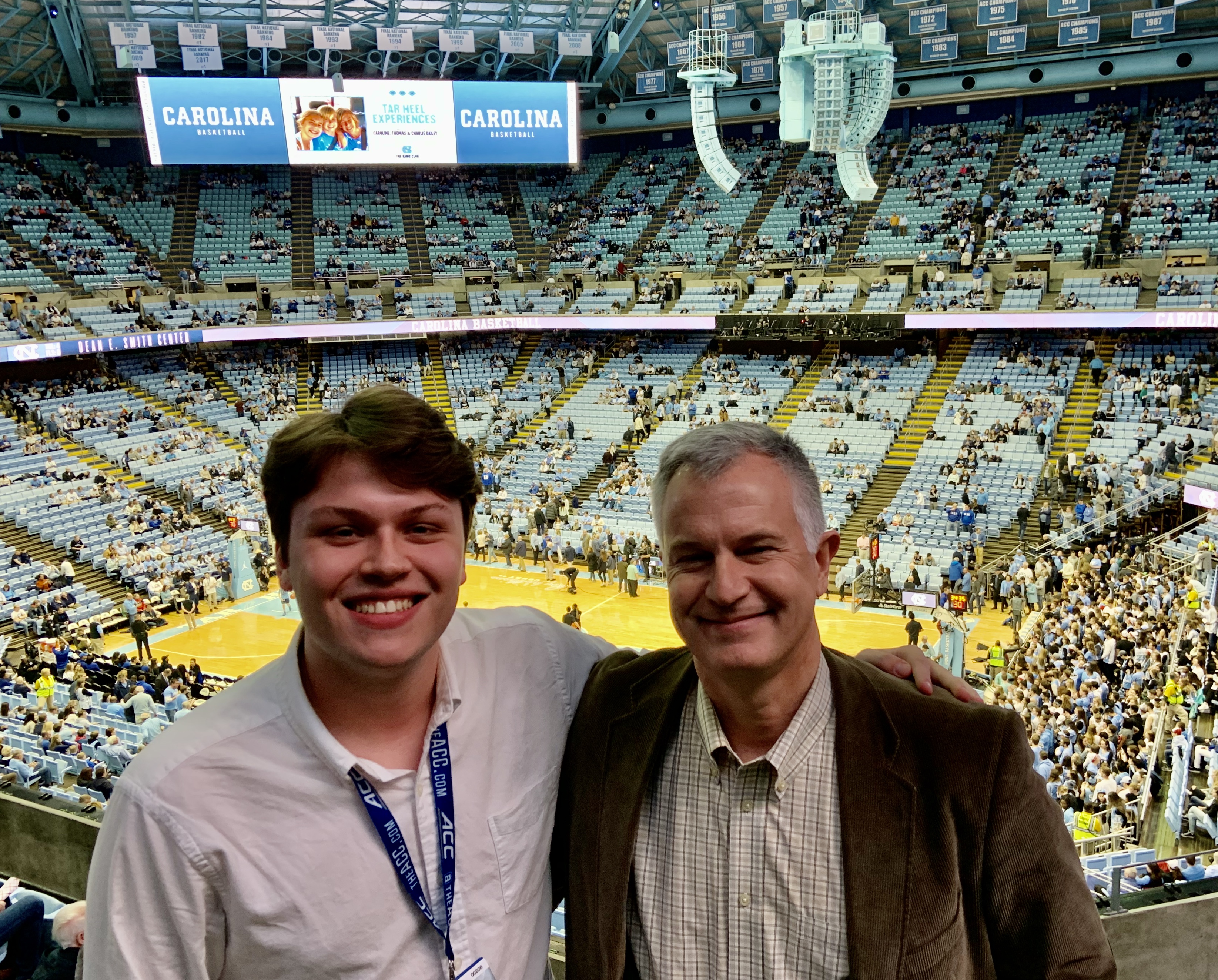 Chapel and Scott Fowler before covering a 2020 UNC vs. Duke basketball game.