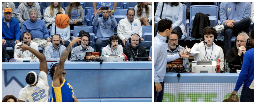 Ben Mihailovich sits courtside with a headset in the Smith Center.