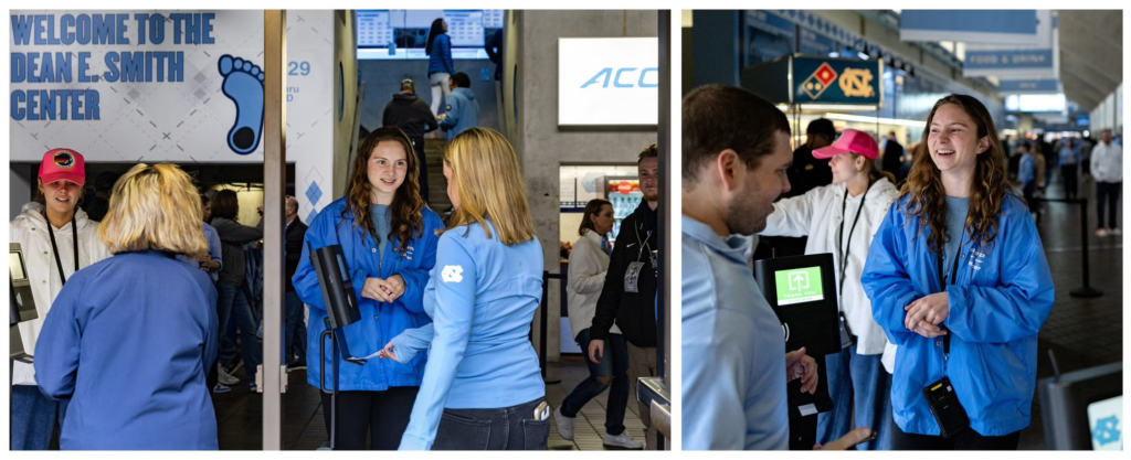 Two photos of Olivia Stone greeting people at Smith Center.