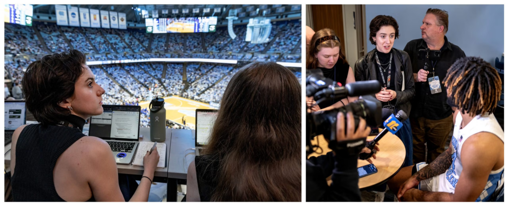 Collage of two photos. Shelby Swaon watches the game at the Smith Center and interviews a player after the game.